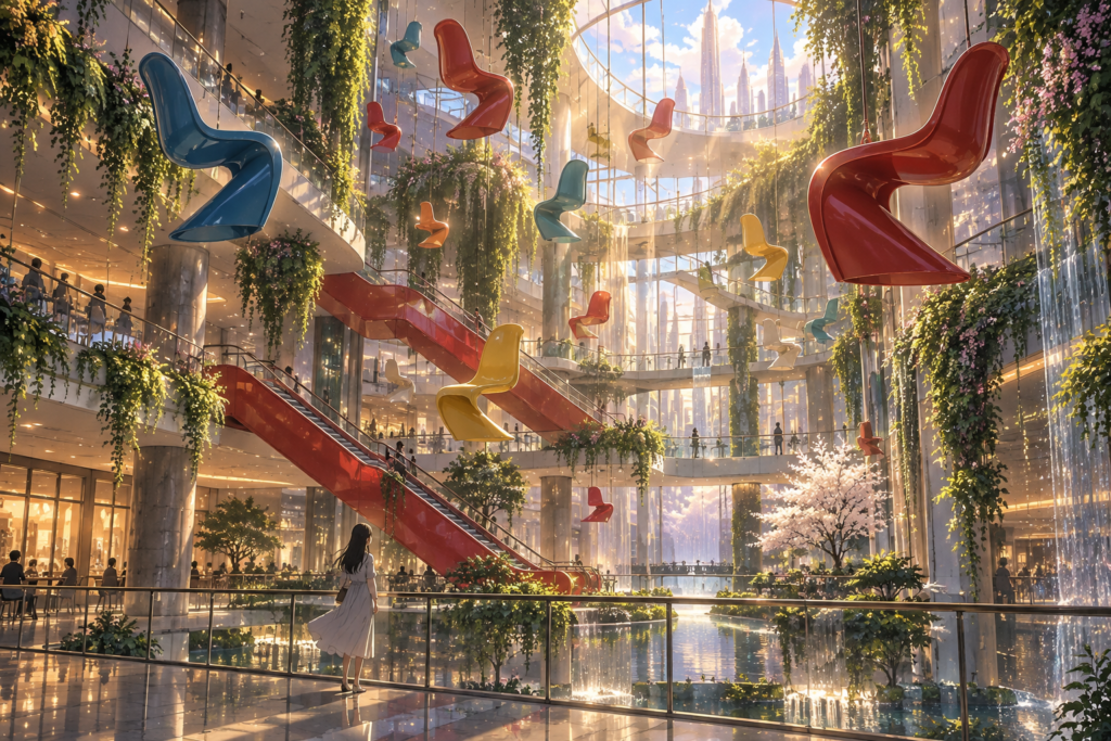 京东 101HOME 沉浸式家居生活体验中心大堂中庭空间规划与潘顿椅(Panton Chair)装置艺术深度解析