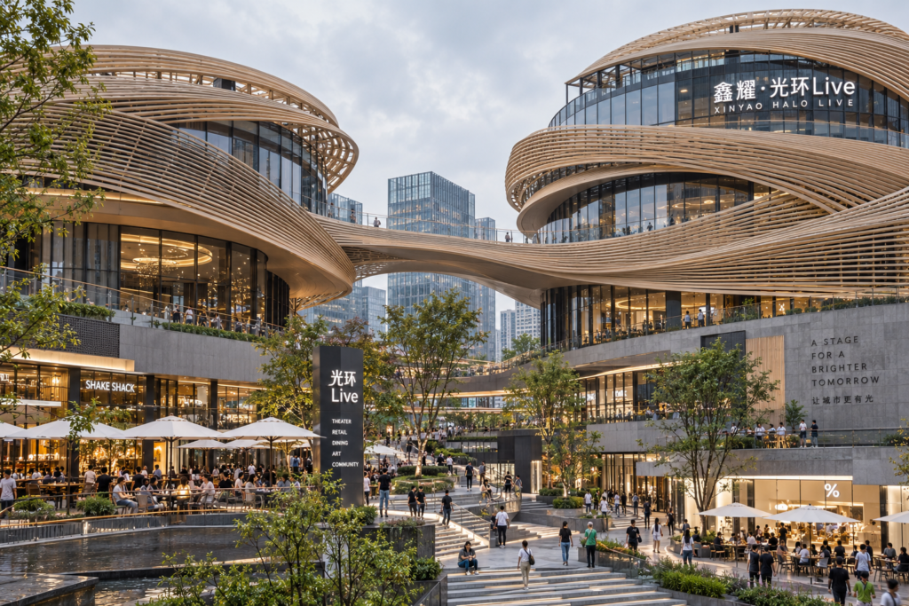 参数化编织与消隐美学：上海鑫耀·光环Live的双环剧场、格栅表皮与空中飞廊工程解析